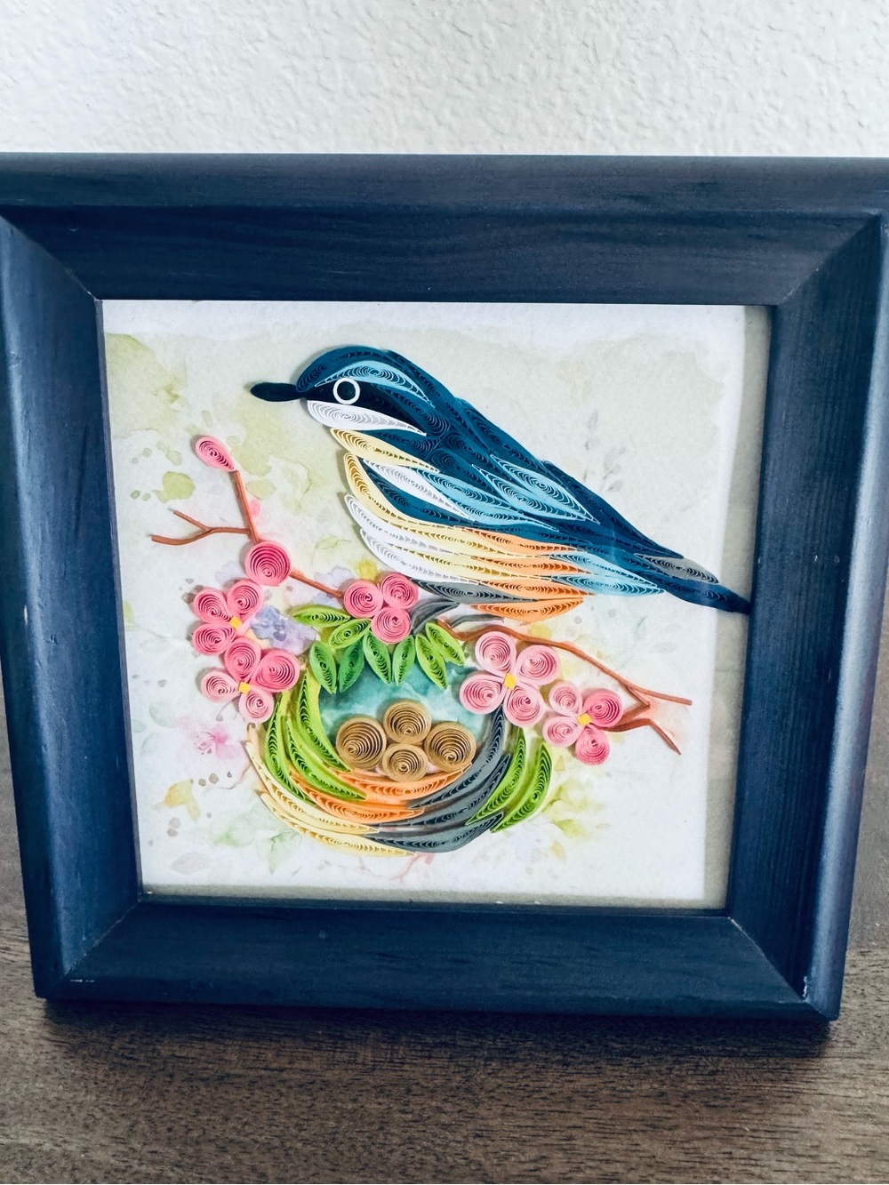 Bluebird Nest Eggs Spring Quill Art Navy Blue Picture Frame